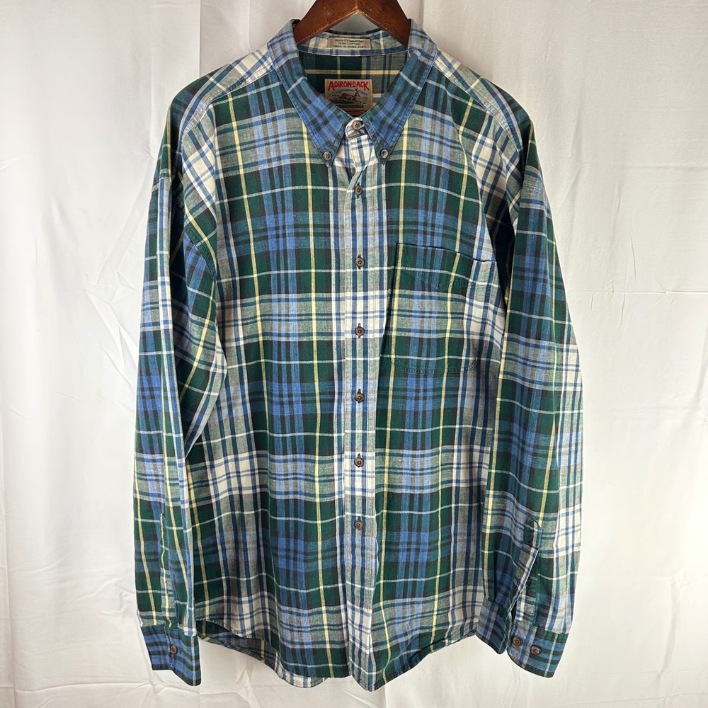 Vintage ADIRONDACK Indigo Chambray‎ Plaid Long Sleeve Button Up Shirt Men's XXL